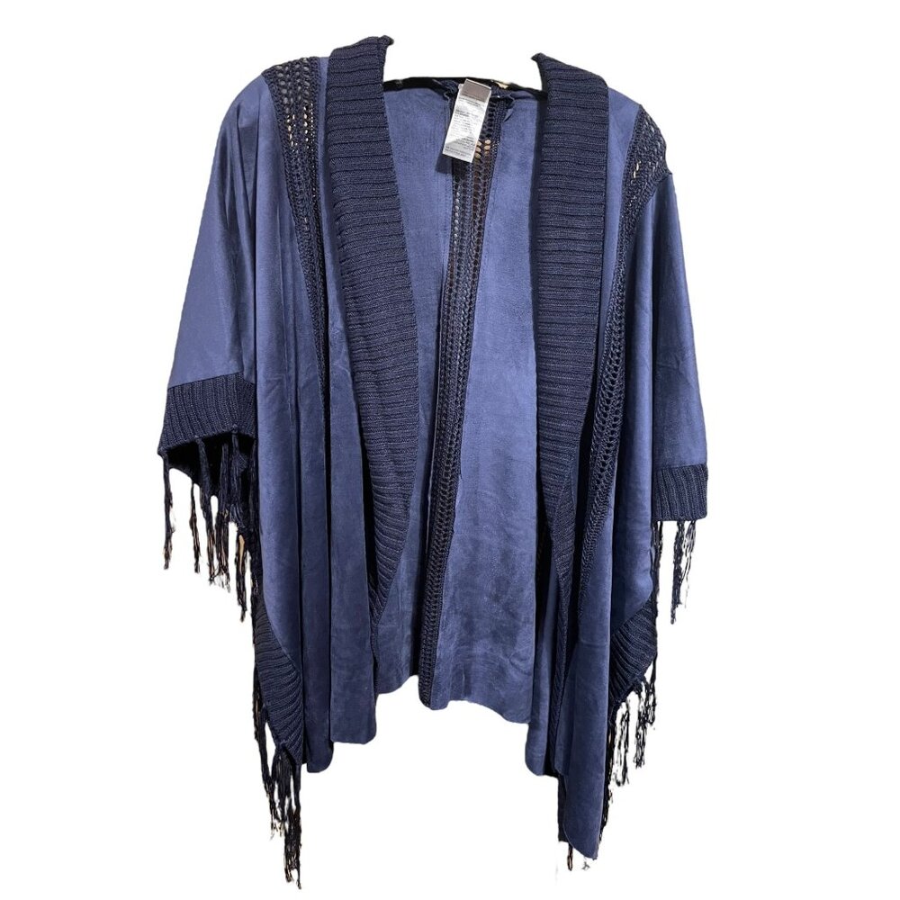 Chico's‎ Navy Blue Ultra Suede with Fringe along Edges Open. Front Cardigan